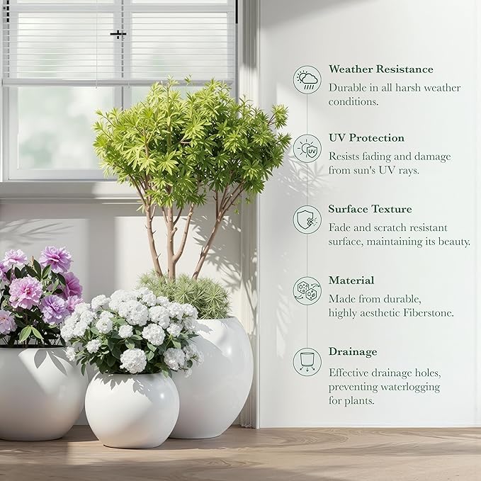 DTY Signature Mount Sherman 12.6''D x 9.8''H Modern Indoor Outdoor Fiberstone Sphere Planter, Durable Round Garden Pot, Weather Resistant, Drainage Hole & Rubber Plug - Small, White