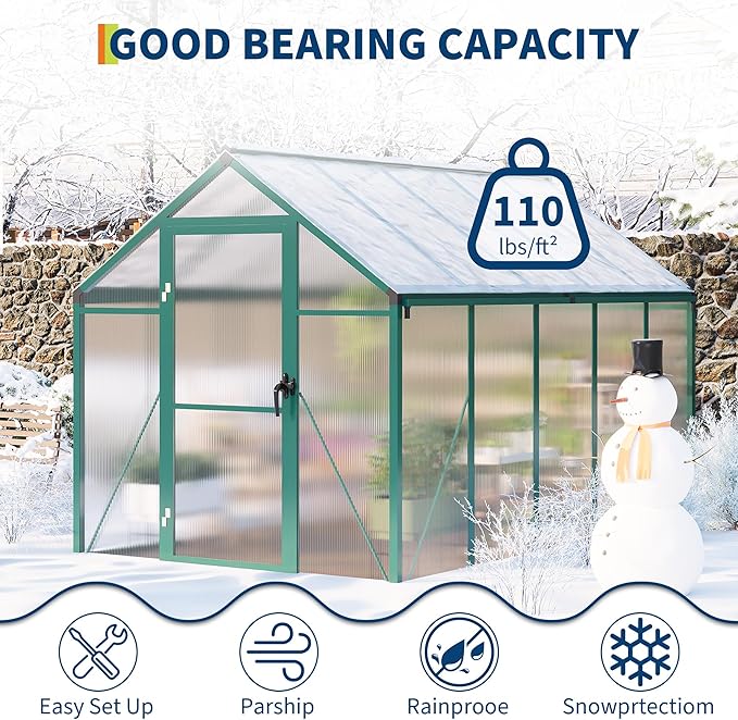 6X10 FT Greenhouse for Outdoors, Large Walk-in Polycarbonate Greenhouse Kit, Aluminum Frame, Lockable Door, Roof Vent, Ground Spikes, for Garden, Patio, Backyard, Outdoor Plant Growth