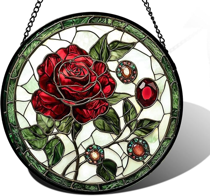 DASTOLL Stained Glass Window Hanging, Red Rose Gemstone Green Sun Catchers Diamond Glass Panel Hangings Suncatcher Decor for Birthday for Women, Men, Wife, Aunt, and Mom 9.8 in