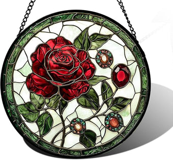 DASTOLL Stained Glass Window Hanging, Red Rose Gemstone Green Sun Catchers Diamond Glass Panel Hangings Suncatcher Decor for Birthday for Women, Men, Wife, Aunt, and Mom 7.8 in