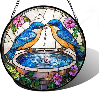 Stained Glass Window Hanging, 2 Blue Birds Suncatcher Diamond Glass Panel Hangings Bird Lover Sun Catchers Decor for Birthday for Women, Men, Wife, Aunt, and Mom 9.8 in