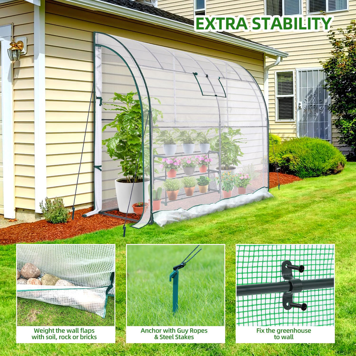 Lean to Greenhouse with 3-Tier Shelves: Ohuhu Portable Walk-in Wall Mounted Green House with Mesh Windows, 79"x39"x83" Reinforced Lean-to Wall Greenhouses with 2 Roll-Up Zipper Doors for Outdoors
