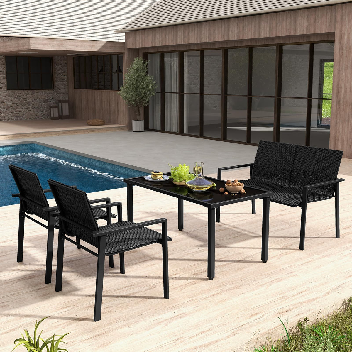 HAPPYGRILL 4 Pieces Wicker Patio Conversation Set with Coffee Table, PE Rattan Chairs with Galvanized Metal Frame, Outdoor Table and Chairs Set for Small Space, Balcony, Poolside, Backyard (Black)