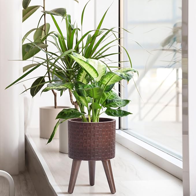 D'vine Dev 8 Inch Modern Geometric Tile Patterned Sleek Planter Pot with Stand, Indoor Outdoor Decorative Plant Holder, Espresso, 88-Z-A-6