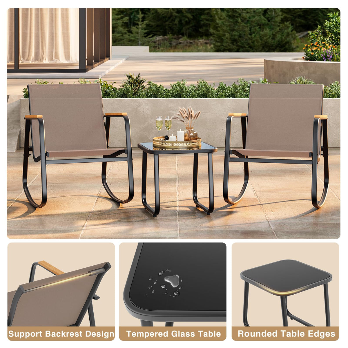 Ahomly 3-Piece Outdoor Rocking Bistro Set, Patio Furniture Set, Tan