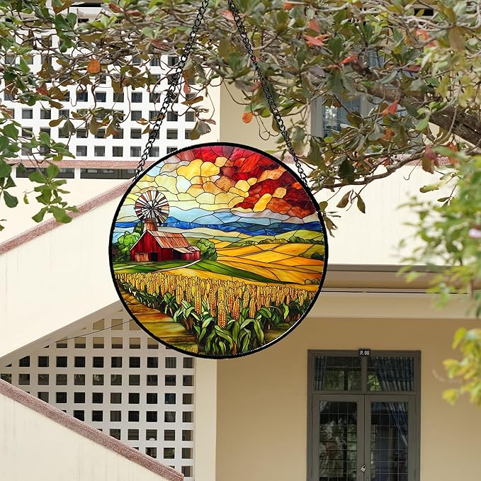 HWRHTR Stained Glass Window Hanging Autumn Farm Corn Harvest Landscape 7.8" - Suncatcher Garden Door Sun Catcher Home Decor Birthday Christmas for Woman Mom Friend Men Nana