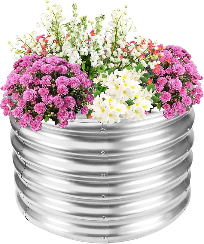 17" Tall Elevated Round Metal Rised Garden Bed- 2'x2' in Size and 0.8MM Thick Durable Planter Box for Vegetables Flowers Succulent at Patio/Garden Outdoor (Silver, 2FT Diameter)