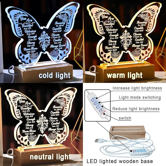 Ornalrist Christian Gifts for Women - Butterfly Inspirational Religious Gifts with Bible Verses and Prayers Rose Cross for Her, Mom, Friend, Sister - Religious Glass Keepsake Warm LED Light Base