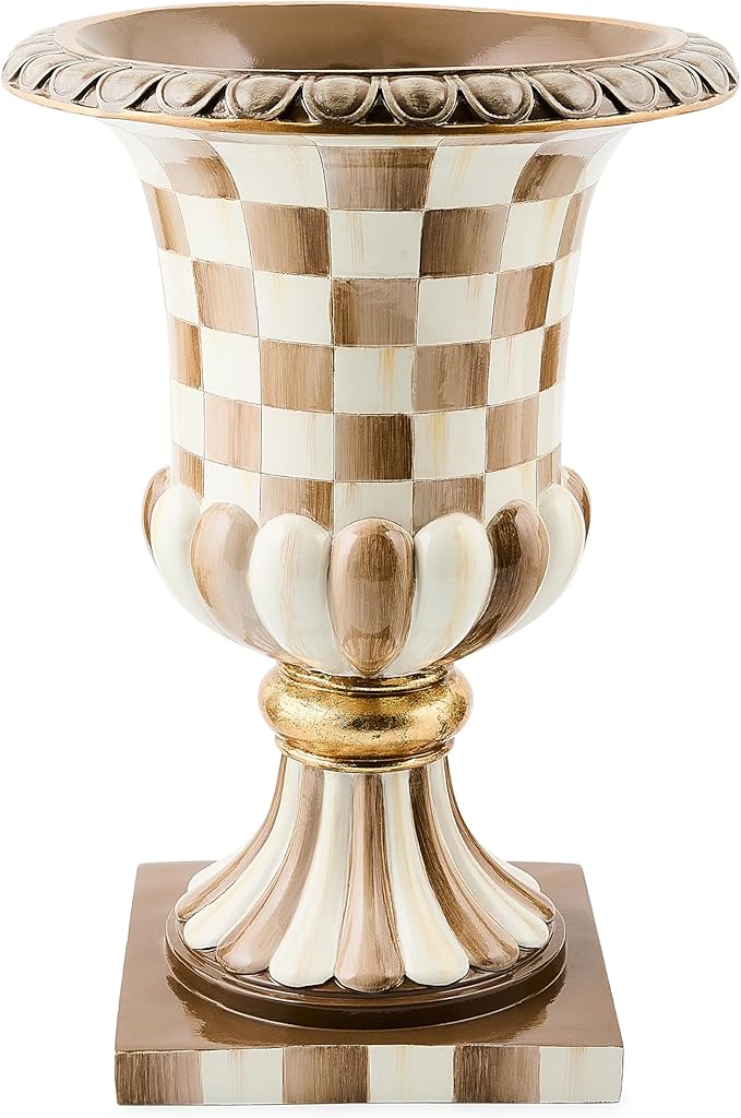 MACKENZIE-CHILDS Tabletop Urn, Decorative Centerpiece for Table, Brown-and-White Mocha Check Pedestal