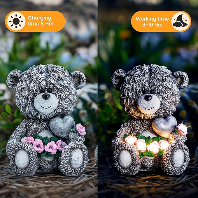 Solar Garden Outdoor Statues Bear with Heart and Pink Flower and 5 LED Lights-Lawn Decor Bear Statue for Patio, Balcony, Yard Ornament-Unique Valentine's Day and Housewarming Gifts for Mom, Women