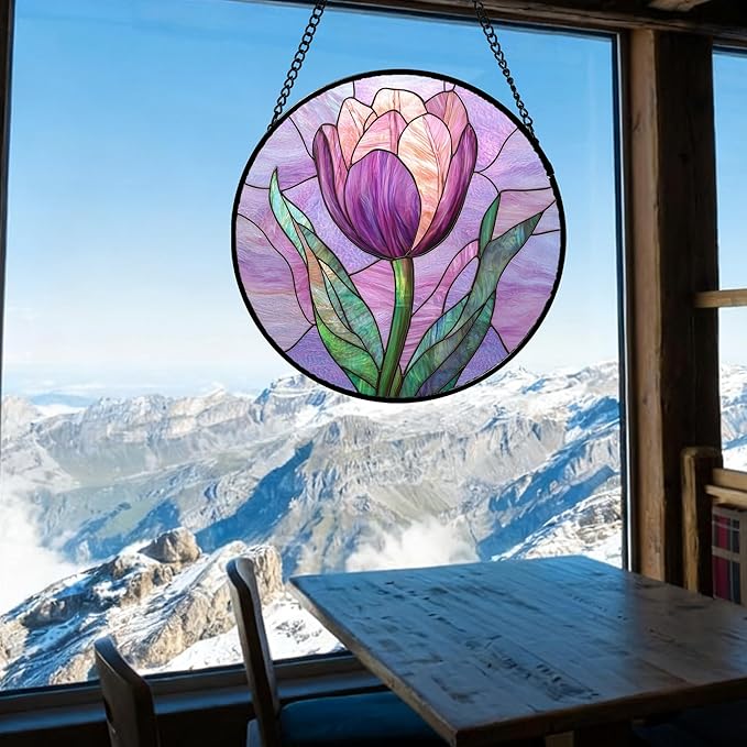 Stained Glass Window Hanging Purple Tulips Flower Large 11.8" - Suncatcher Door Garden Sun Catcher Home Decor Birthday Mother's Day for Mom Men Woman Parents Her Nana Friend