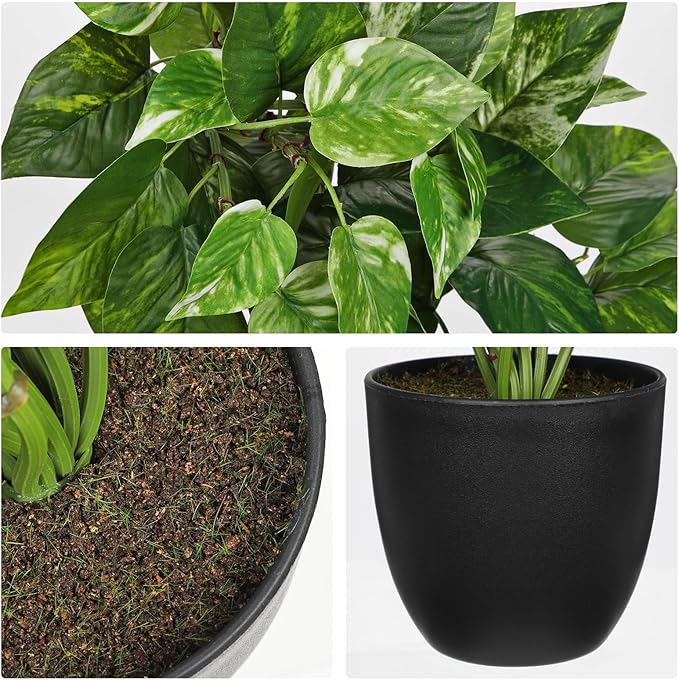 Hollyone Artificial Hanging Pothos Plants Potted Fake Ivy Faux Pothos Vine Leaves Hanging Greenery Plant in Black Pot for Home Indoor Tabletop Bedroom Patio Shelf Office Decor