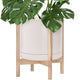 D'vine Dev Ceramic Planter with Natural Stand - 14 Inch Modern Round Flower Pot with Wood Planter Holder, Oatmeal, 55-B-R-8