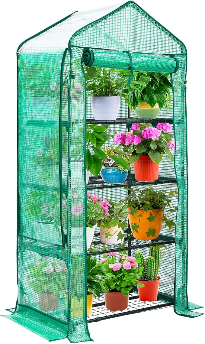 Mini Greenhouse with Screen Roof, Ohuhu Upgraded Portable 4 Tier Small Greenhouses for Outdoors Indoor with Reelable Door, Heavy Duty Plastic Green House for Outside Garden Patio Yard Porch Balcony