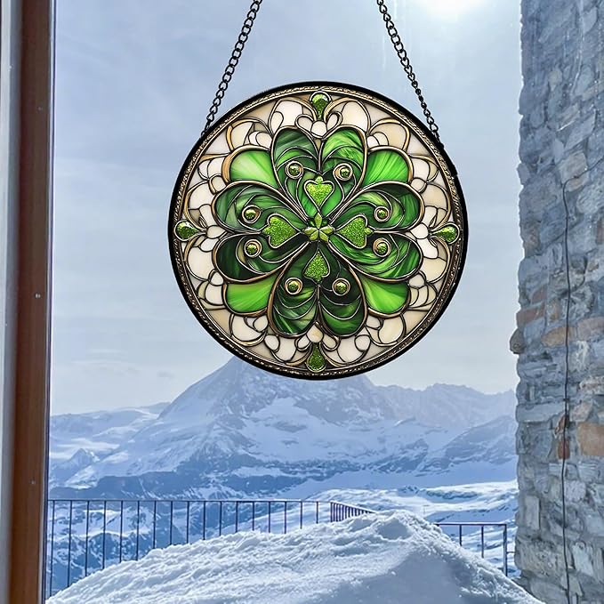 Stained Glass Window Hanging St. Ripak Festival Green Lucky Clover Large 11.8" - Suncatcher Door Garden Sun Catcher Ireland Decor Mother's Day for Mom Woman Her Men Sisters