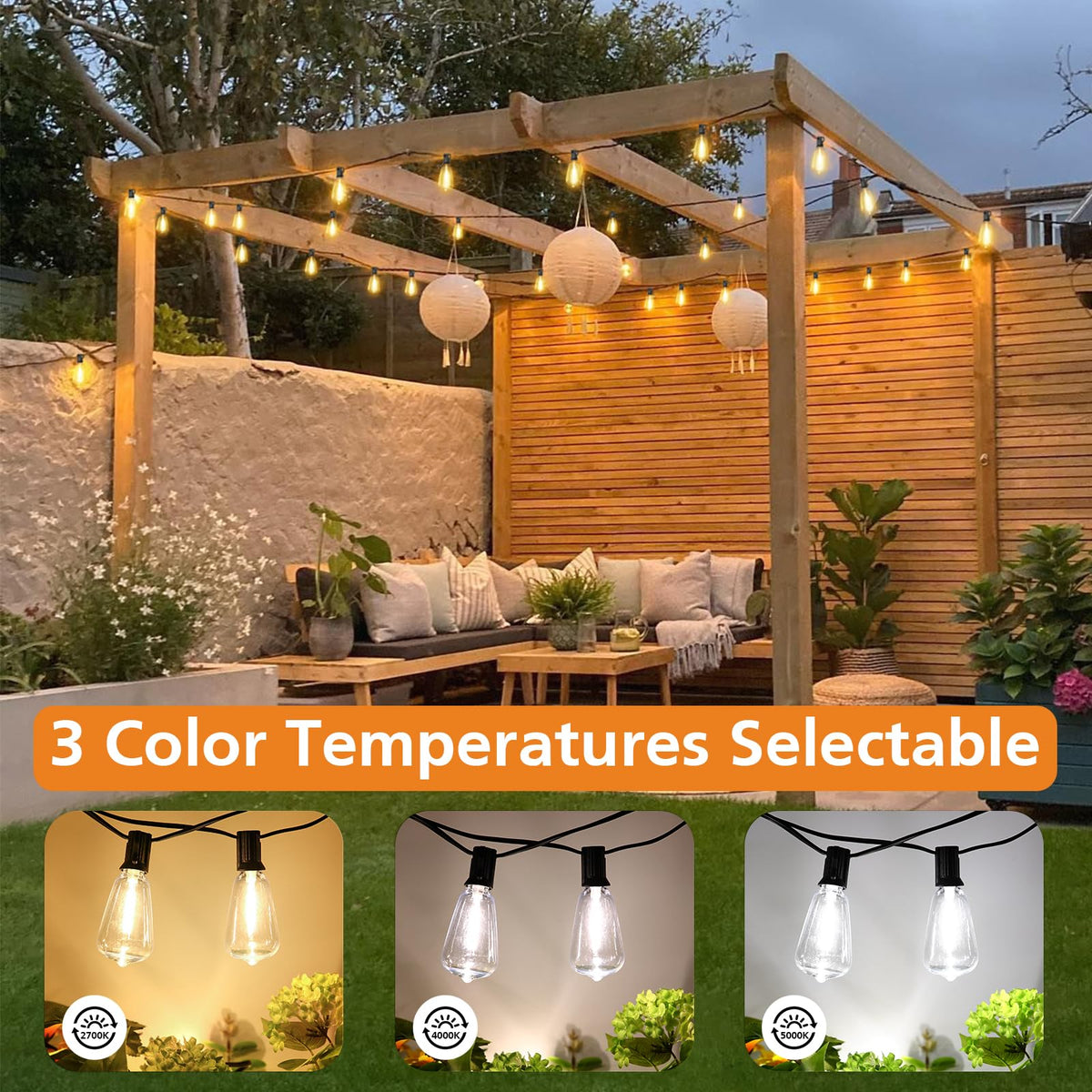 Brightever 150FT Outdoor Lights with Remote, 2700K/4000K/5000K Selectable LED String Lights for Outside with 75+2 ST38 Shatterproof Edison Bulbs, 3 Modes Dimmable Waterproof Hanging Lights for Patio