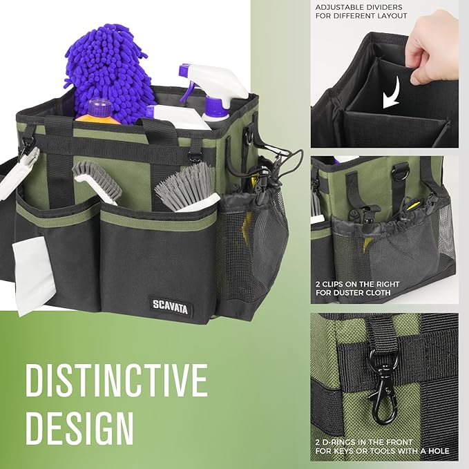 Compact Wearable Cleaning Caddy, Small Cleaning Caddy Supplies Organizer with Handle & Shoulder Straps for Housekeepers, Under Sink & Car Cleaning Tool Organizers Bag (Armygreen)