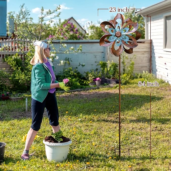 Pure Echo Garden Wind Spinner,Flower Wind Spinner,Outdoor Metal Wind Sculpture & Spinner Large 23 inch Dia 84 inch Height Kinetic Windmill for Garden Yard