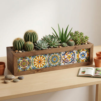 MIODUO DECOR 20 Inch Talavera Style Cedar Wood Planter Box, Authentic Mexican Tile Window Sill Container for Succulent Arrangements and Herb Gardens