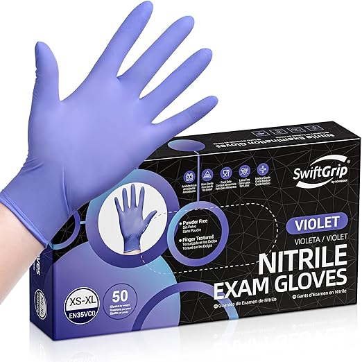 Disposable Nitrile Exam Gloves, 3-mil, Large, Box of 50, Violet Nitrile Gloves Disposable Latex Free for Medical, Cleaning, Cooking & Esthetician, Food-Safe, Powder-Free, Non-Sterile, Purple