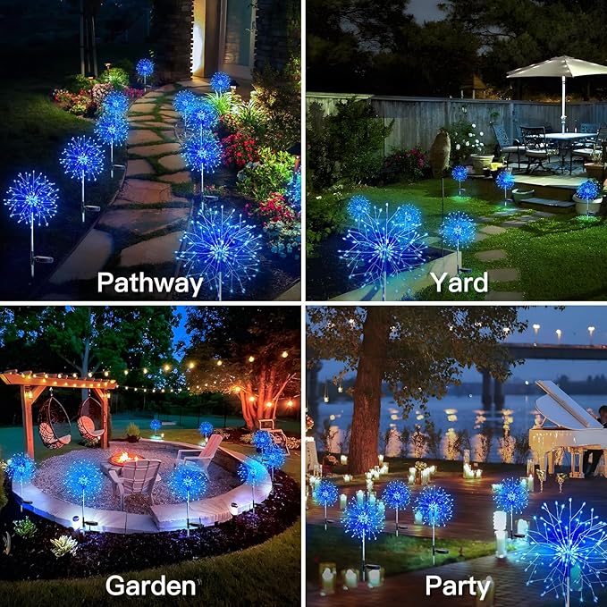 suddus Solar Garden Lights Outdoor Waterproof Decorative, 2Pack 150LED Firework Lights, Solar Fairy Lights for Yard, Garden, Party, Patio, Pathway, Flowerbed - Blue