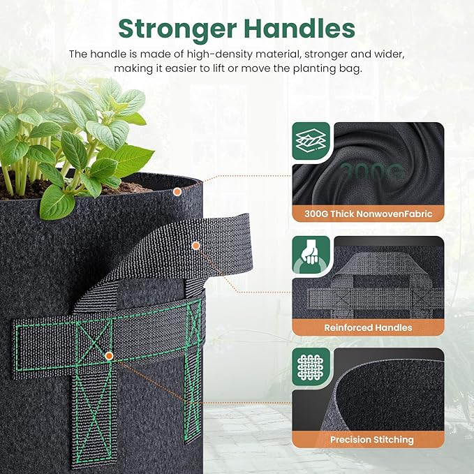 Jorvila 10 Pack 15 Gallon Grow Bags, Thickened Nonwoven Fabric Planter Pots with Handles, Heavy Duty 300G Garden Pots for Tomato, Potato and Vegetable