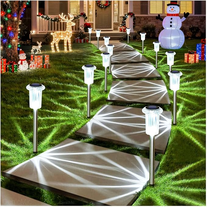 DenicMic Solar Lights Outdoor 10 Pack Waterproof 6000K Cold White LED Stainless Steel Stake Outside Lights for Yard Pathway Garden Driveway Walkway Landscape Path Lighting