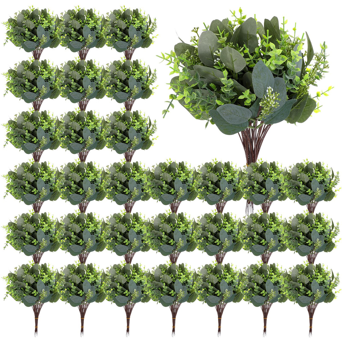 MSHHDK 100Pcs Mixed Eucalyptus Leaves Stems Bulk Artificial Eucalyptus Leaves for Home Wedding DIY Floral with White Seeds Mixed Artificial Greenery Stem Bulk for Bouquet Decor Arrangement