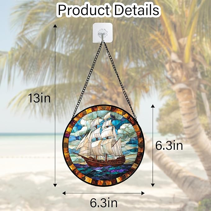 DASTOLL Stained Glass Window Hanging, Sailing Ocean Sun Catchers Glass Panel Navigation Suncatcher Decor for Birthday for Women, Men, Wife, Aunt, and Mom 6.3 in