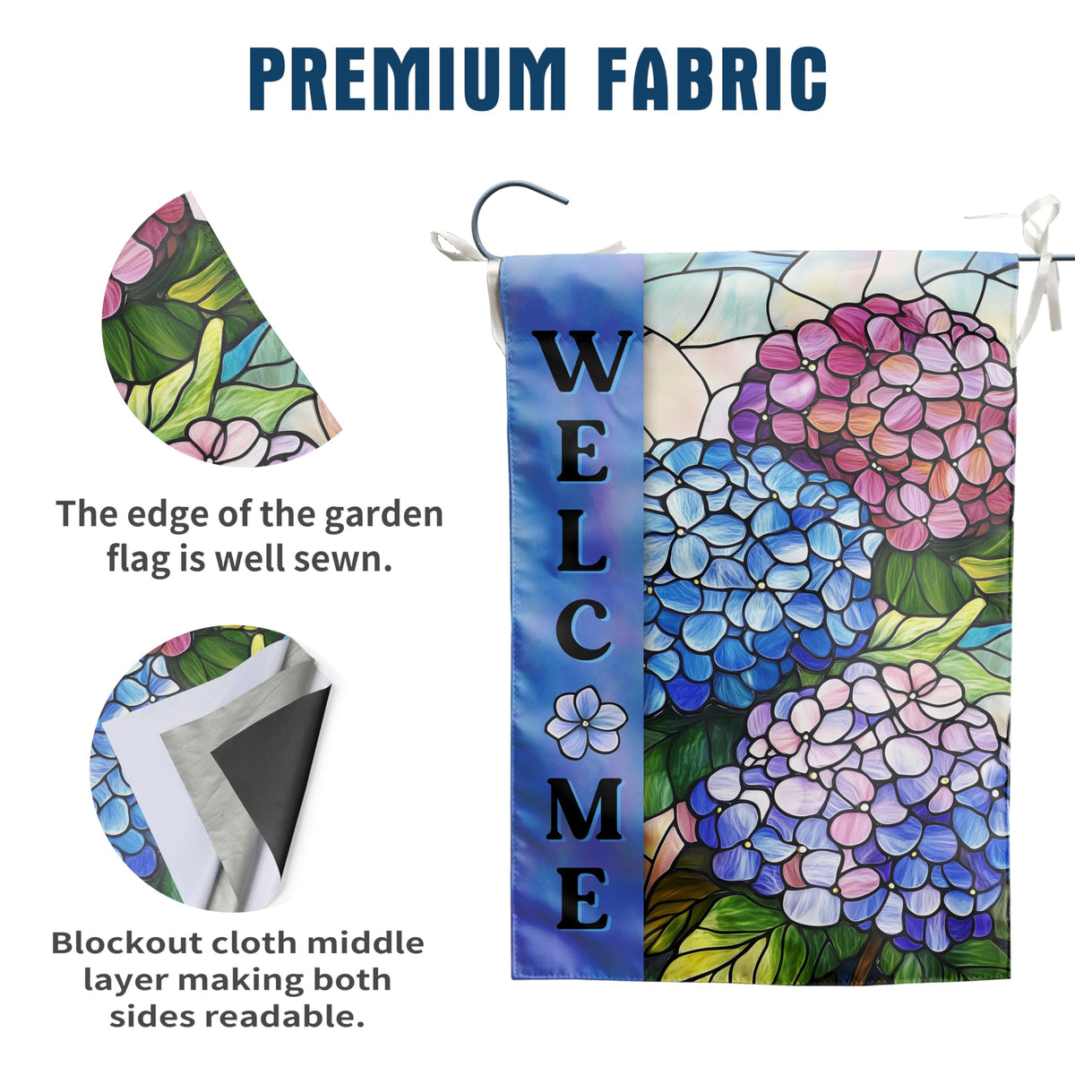 Hydrangea Spring Summer Garden Flag for Outside Stained Glass Flower Yard Decor 12x18 Double Sided Blue Floral Welcome Outdoor Banner