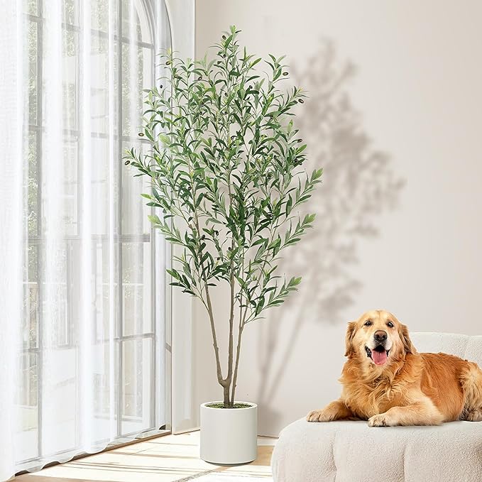 Olive Trees Artificial Indoor, 2 PCS 6FT Faux Olive Tree with Tall Pot, Natural Wood Trunk Treemote and Leaves, Fake Plant for Home Office Bedroom Decor