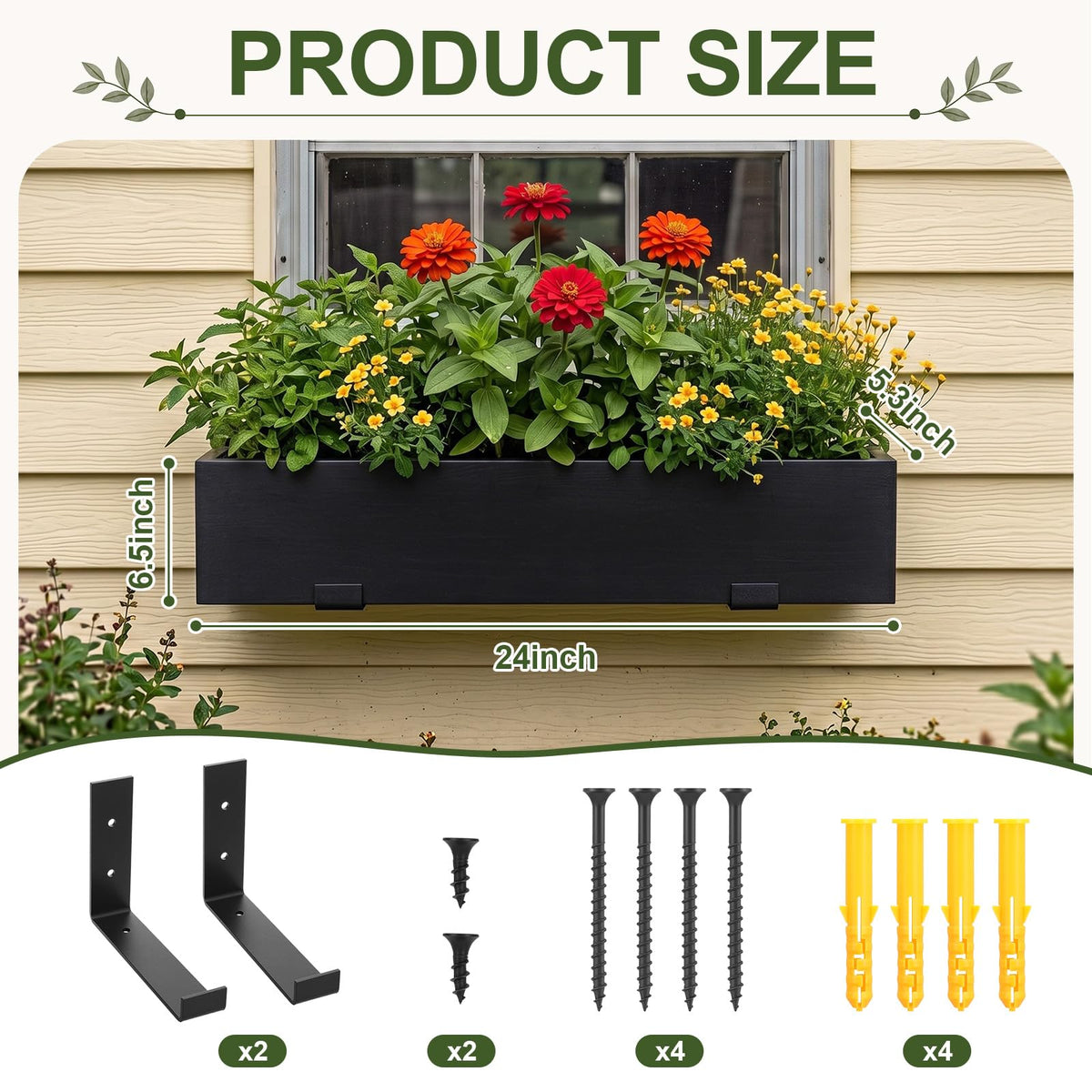 Novabright 24 Inch Wood Window Planter Box with L-Bracket,Black