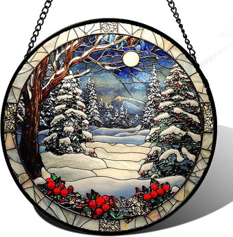 DASTOLL Stained Glass Window Hanging Christmas Tree Winter Snow Night Scenery Large 14.9" - Suncatcher Door Garden Kitchen Sun Catcher Home Decor Birthday for Mom Men Woman Friend