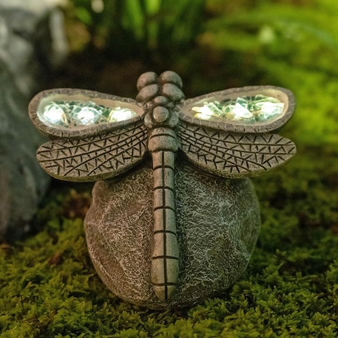 Garden Statue Dragonfly,Solar Dragonfly Decor for Outdoor,Resin Dragonflies Figurine with Solar Light for Patio,Balcony,Yard,Lawn Ornament,Perfect Garden Gift
