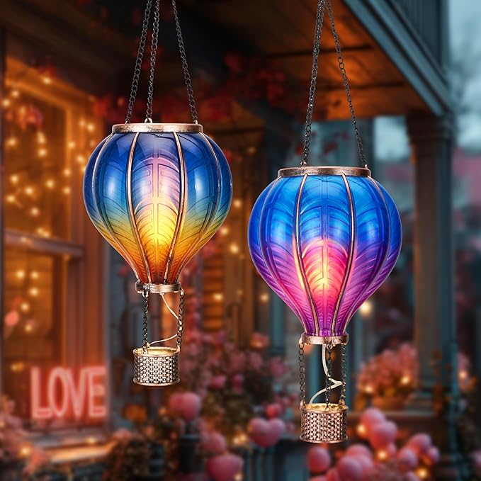 TERESA'S COLLECTIONS 2 Pack Hanging Solar Lantern Outdoor Garden Decor for Valentine,Waterproof Plastic Hot Air Balloon Blue Flickering Flame Effect Lantern for Yard Tree,Gift for Mom,18"