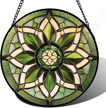 HWRHTR Stained Glass Window Hanging - White Green Boho Flower Suncatcher for Doors Window Home Sun Catchers Decor Christmas Mother's Day Birthday Gifts for Teacher Women Men Mom Nana 7.8 in