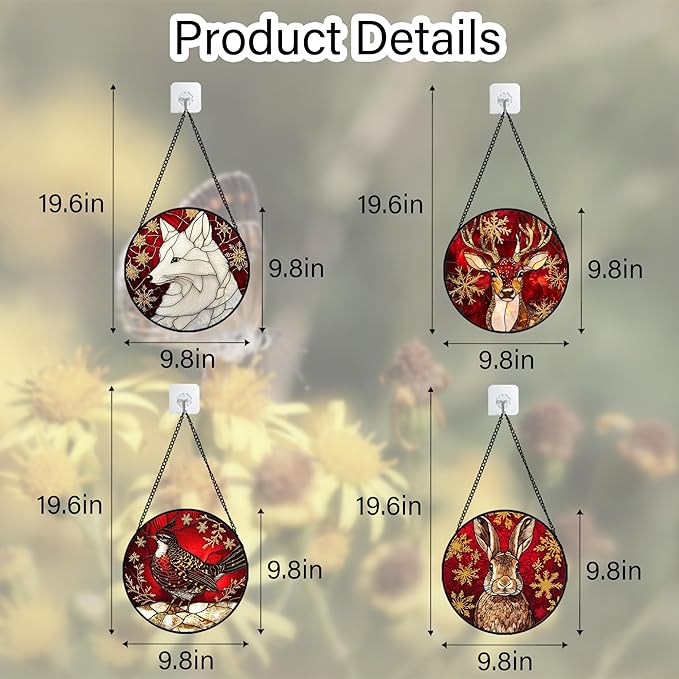 Stained Glass Window Hanging 4 Pcs Set Red Golden Snowflakes 9.8" - Christmas Elk Rabbit Suncatcher Door Garden Sun Catcher Decor Birthday for Mom Woman Nana Men
