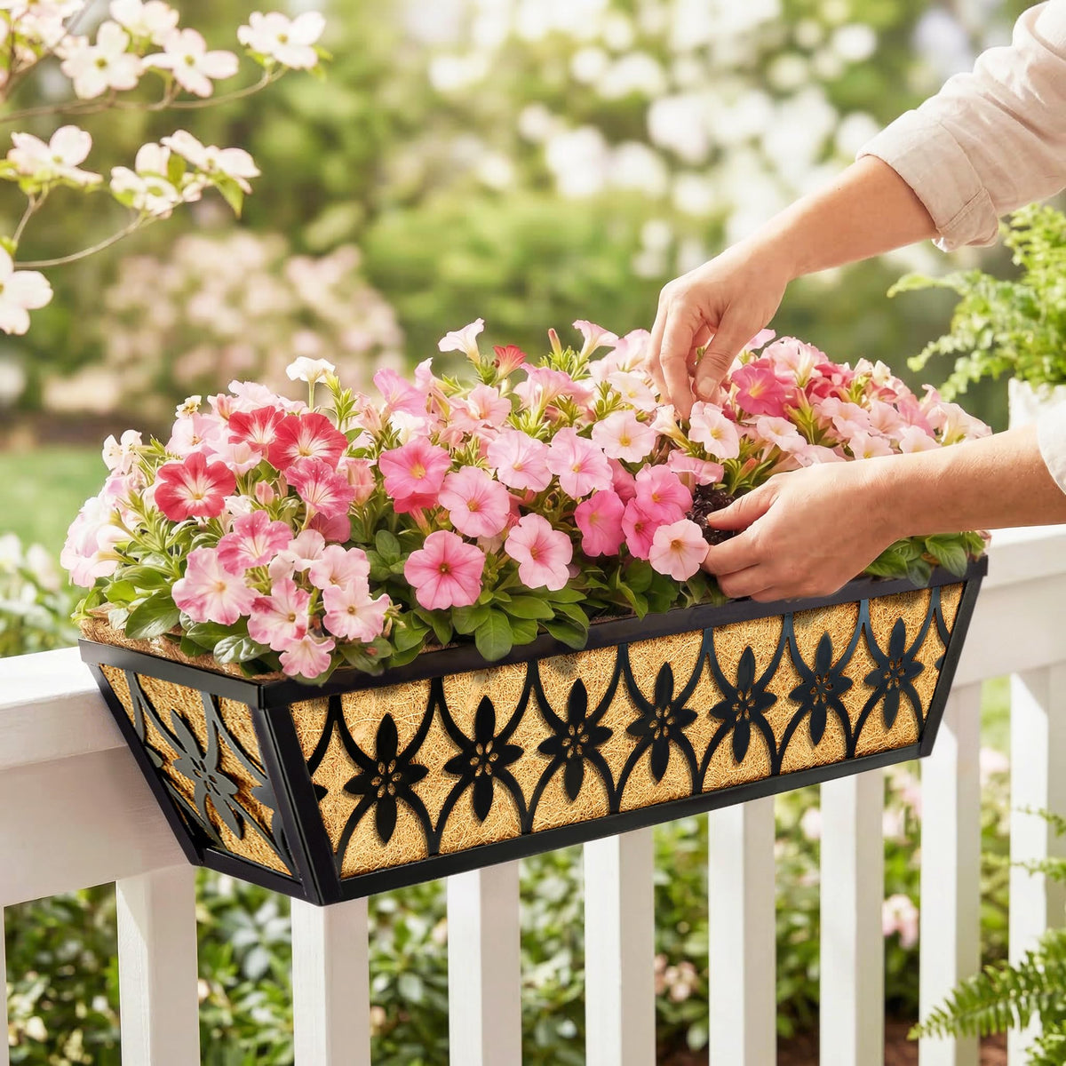 24 Inch Window Boxes Planters Railing Planter Box - 4 Pack Deck Railing Planter Boxes with Adjustable Brackets Coco Liners Balcony Planters Railing Hanging for Window Flower Boxes Outdoor Garden Decor