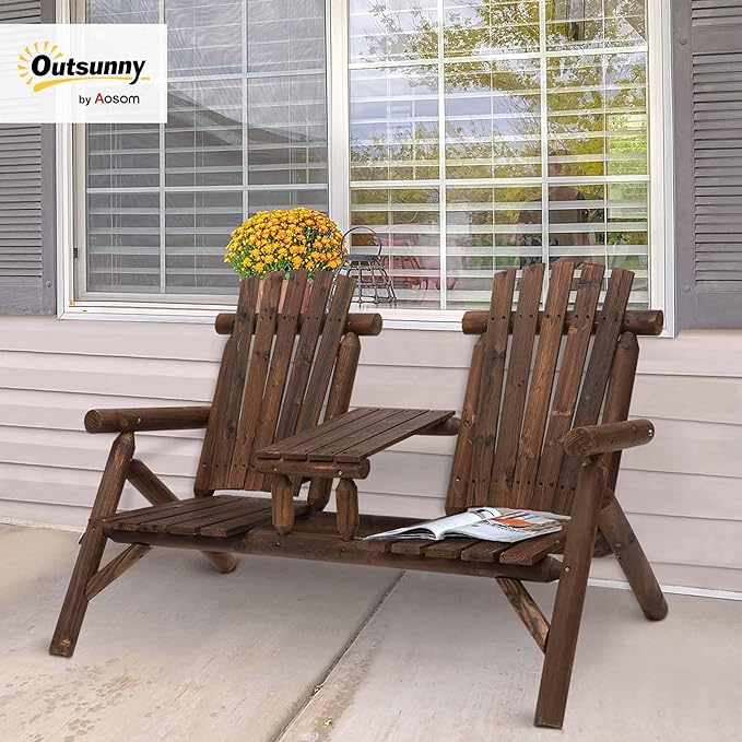 Outsunny 2-Seat Wooden Adirondack Chair, Patio Bench with Table, Outdoor Loveseat Fire Pit Chair for Porch, Backyard, Deck, Carbonized