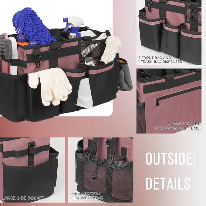 Wearable Cleaning Caddy, Cleaning Caddy Supplies Organizer with Handle & Shoulder Straps for Housekeepers, Under Sink & Car Cleaning Tool Organizers Bag with 4 Foldable Divider (LotusPink)