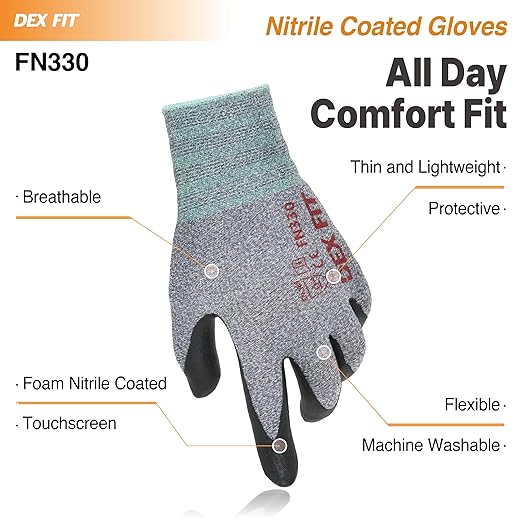 DEX FIT Nitrile Work Gloves FN330, 3D-Comfort Stretchy Fit, Firm Grip, Thin & Lightweight, Touch-Screen Compatible, Durable, Breathable & Cool, Machine Washable; Grey XXL (11) 3 Pairs