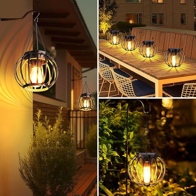 Solar Lanterns Outdoor Waterproof 2 Pack, 14.37" Metal Hanging Solar Lights for Outside with Auto On/Off & Hook - Brighter Hanging Outdoor Lanterns Decorative Lighting for Garden Patio Yard