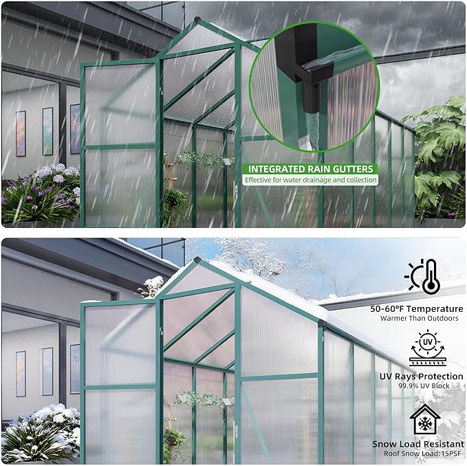 6x10 FT Greenhouse,Outdoor Greenhouse W/ Roof Vent,Walk-in Aluminum Polycarbonate Green Houses W/ Drainage System & Ground Nails,for Outside Garden,Backyard,Patio,Lawn,Green