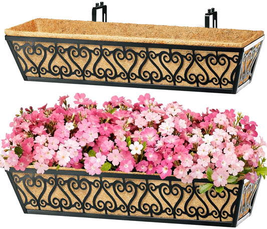 EINYEXW 2 Pack 30 Inch Deck Railing Planter Box - Window Boxes Planters with Adjustable Brackets Coco Liners Balcony Planters Railing Hanging for Window Flower Boxes Outdoor Garden Decor