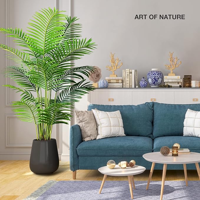 Worth Garden 6ft Artificial Areca Palm Plant 2 Packs in Pot, Fake Cane Palm Silk Tree Indoor Outdoor, Dypsis Lutescens, 70in Lifelike Faux Silk Plant Home Decor, Black Pot & 20g Dried Moss Included