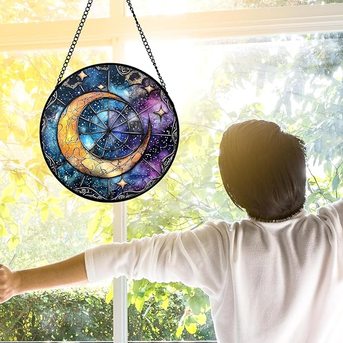 DASTOLL Stained Glass Window Hanging, Blue Starry Sky Moon Astrolabe Suncatcher for Doors Home Sun Catchers Decoration and Christmas, Mother's Day Birthday Gifts for Women, Men, and Mom 14.9x14.9 in