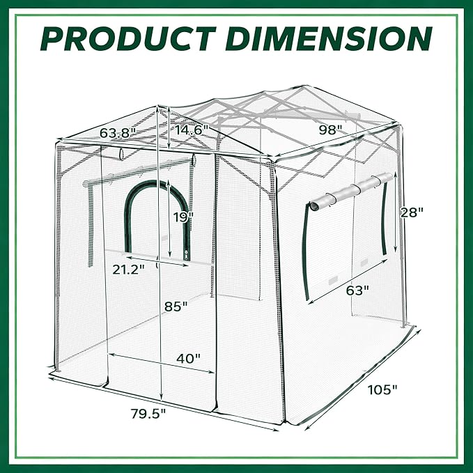 8.7x6.6x7 ft Walk-in Greenhouse, Portable Plant Hot House with Zipper Windows & Doors, Heavy-Duty PE Cover & Steel Frame, for Garden, Backyard