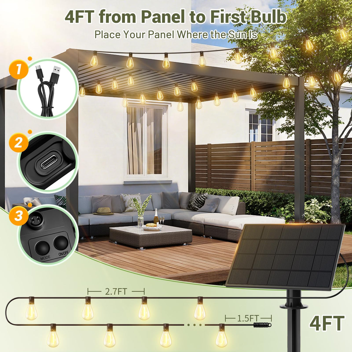 Amzrap 30FT Solar String Lights Waterproof, 10+1 LED Shatterproof Bulbs Solar Powered with Remote & USB Port, 3 Modes Dimmable Outdoor Lights for Patio, Garden, Camping