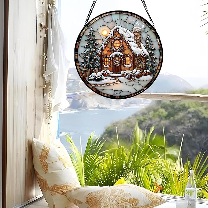 AMDERVEN Stained Glass Window Hanging - Christmas Tree Cottage Sun Catcher for Door Garden Home Winter Decor Snowy Night Suncatcher Mother's Day Birthday Gifts for Women Men Mom Nana 15 in