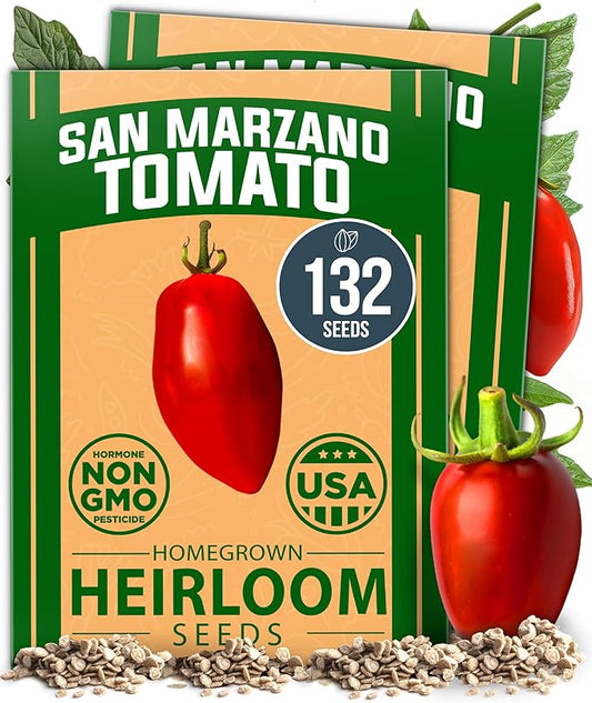 HOME GROWN San Marzano Tomato Seeds – 132 Heirloom, Seeds – High Germination Tomatoes for Indoor & Outdoor Growing – Classic Paste Variety for Gardeners & Home Use